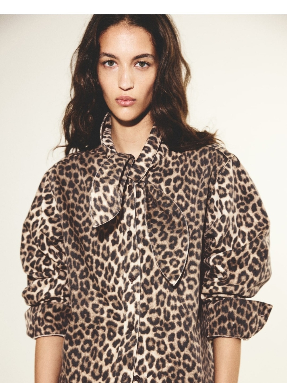 H&M Leopard denim shirt with scarf collar size L NWT